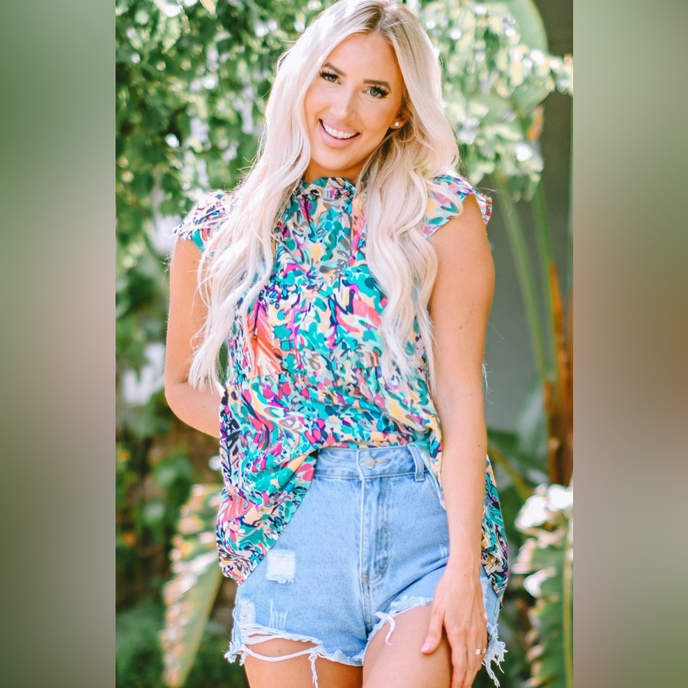 Call Me Never Abstract Sleeveless Blouse- Multicolor